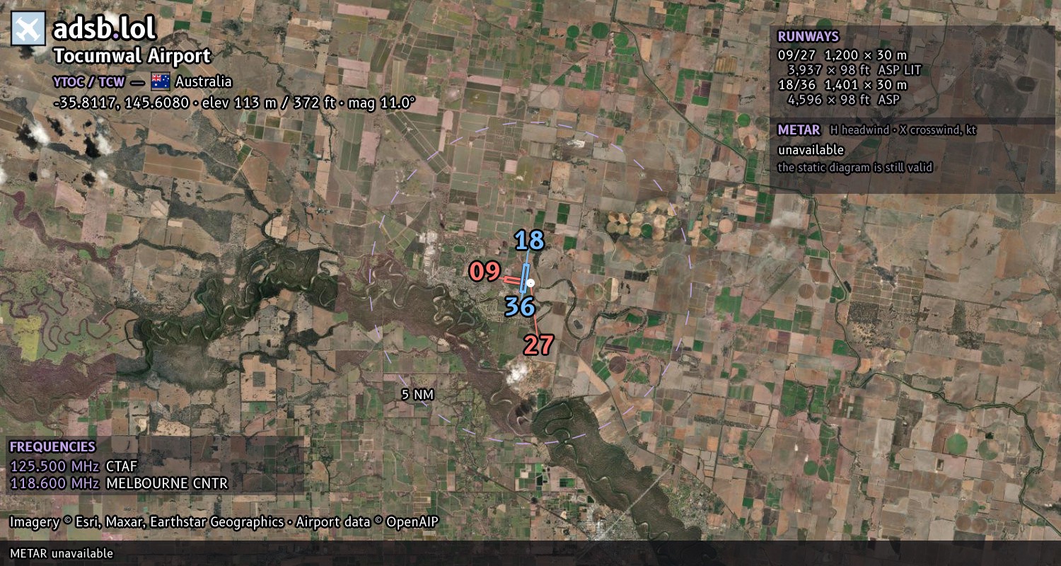 Satellite map with the runway layout of Tocumwal Airport (YTOC)