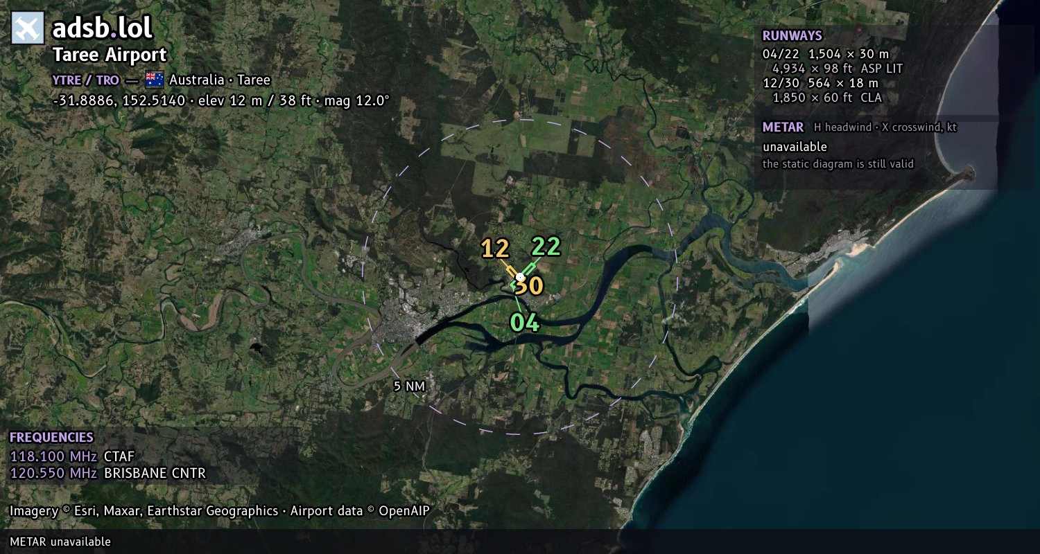 Satellite map with the runway layout of Taree Airport (YTRE)