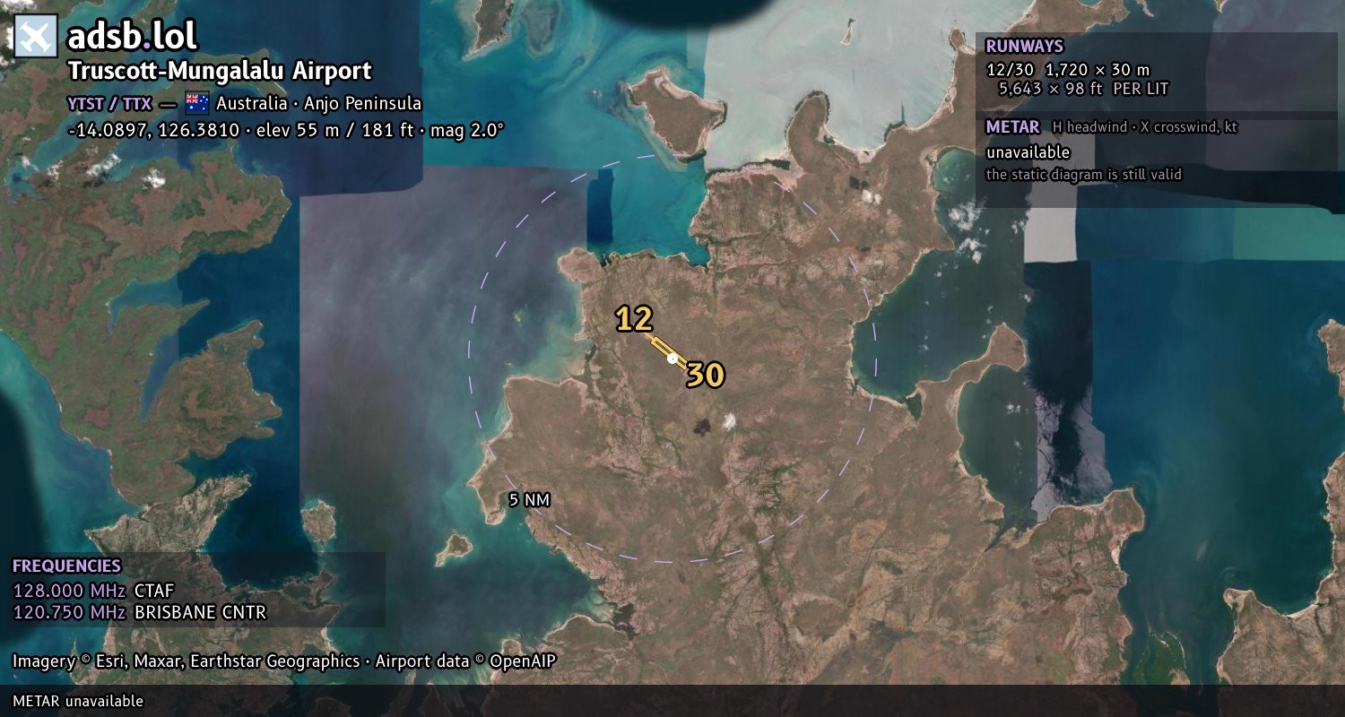 Satellite map with the runway layout of Truscott-Mungalalu Airport (YTST)