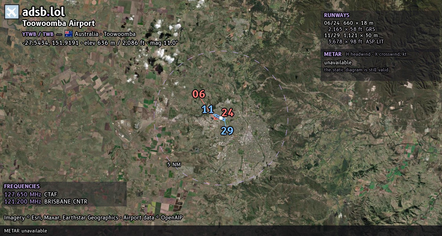 Satellite map with the runway layout of Toowoomba Airport (YTWB)