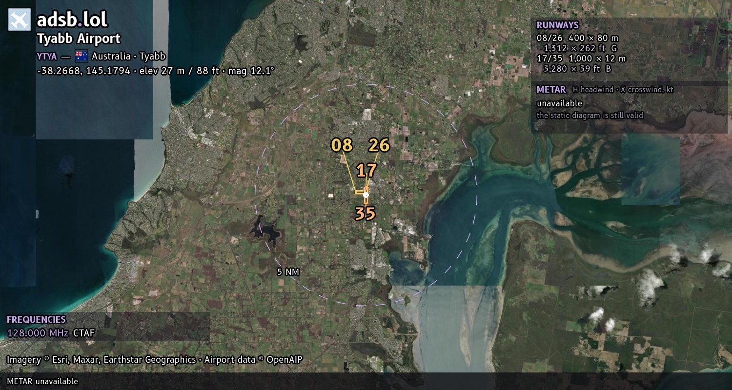 Satellite map with the runway layout of Tyabb Airport (YTYA)