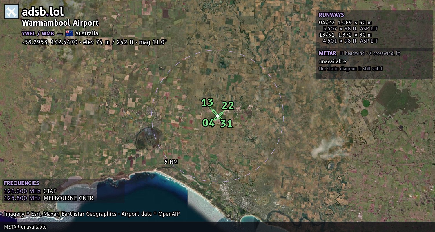 Satellite map with the runway layout of Warrnambool Airport (YWBL)