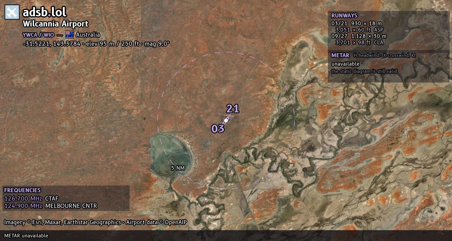 Satellite map with the runway layout of Wilcannia Airport (YWCA)