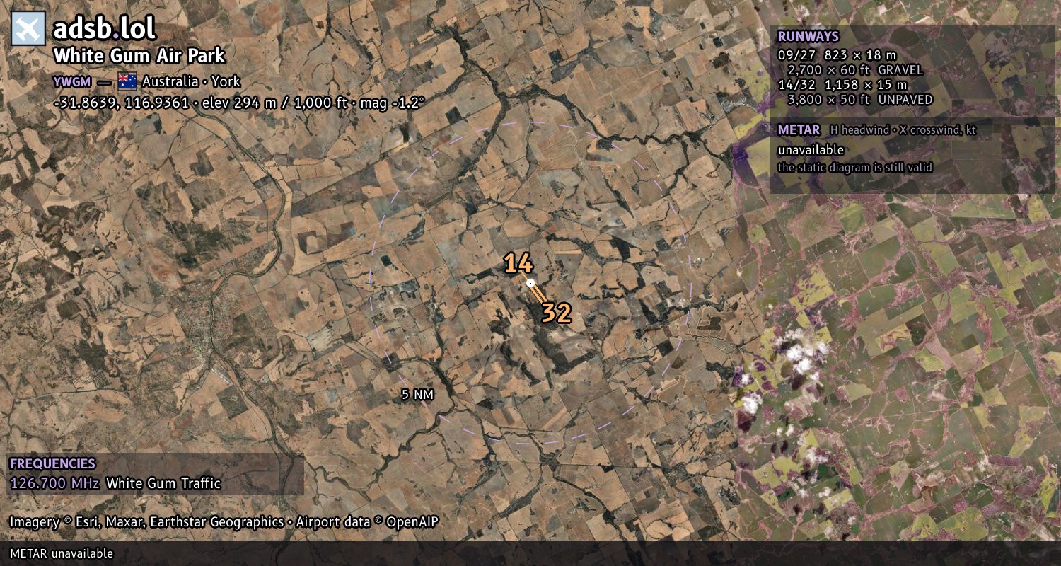 Satellite map with the runway layout of White Gum Air Park (YWGM)