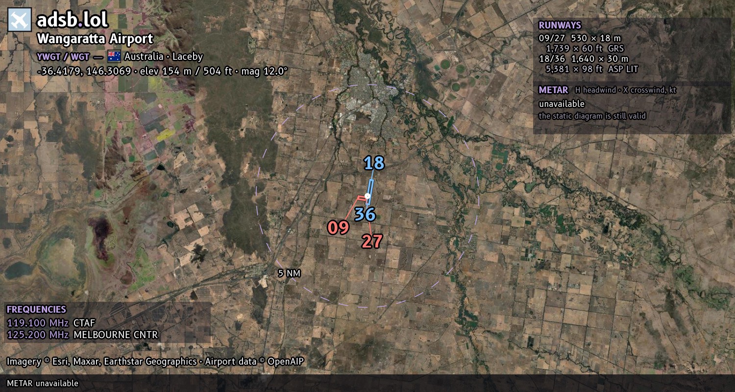 Satellite map with the runway layout of Wangaratta Airport (YWGT)