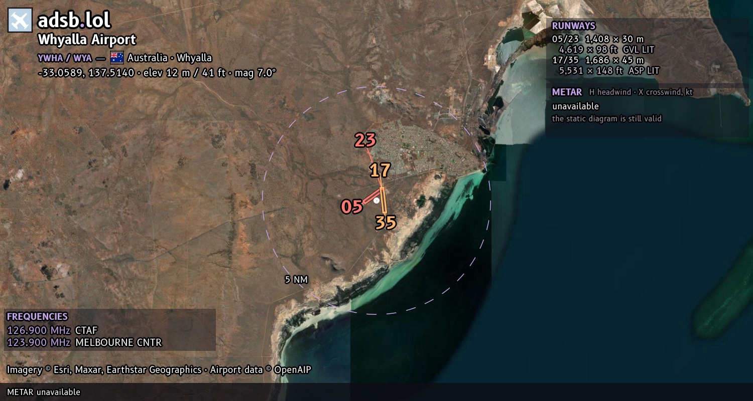 Satellite map with the runway layout of Whyalla Airport (YWHA)