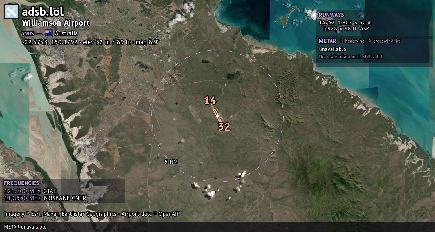 Satellite map with the runway layout of Williamson Airport (YWIS)