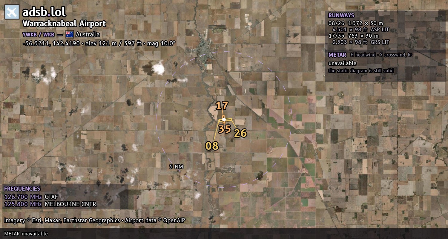 Satellite map with the runway layout of Warracknabeal Airport (YWKB)