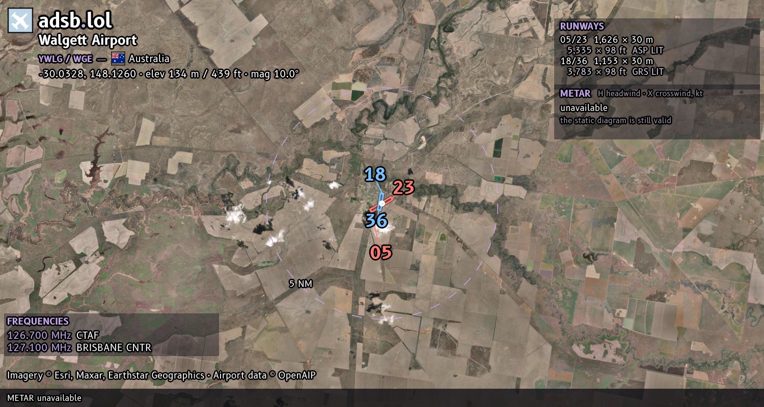 Satellite map with the runway layout of Walgett Airport (YWLG)