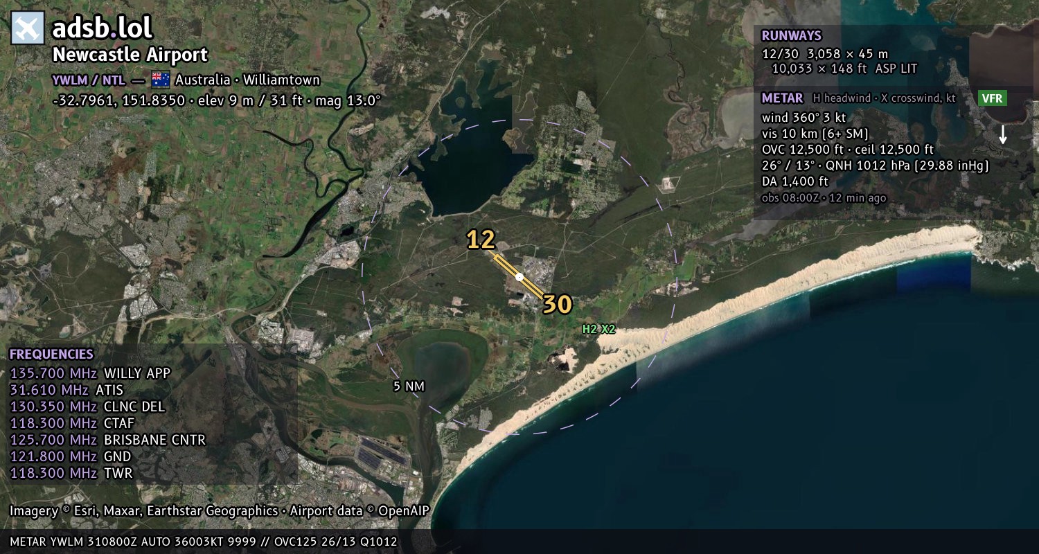 Satellite map with the runway layout of Newcastle Airport (YWLM)