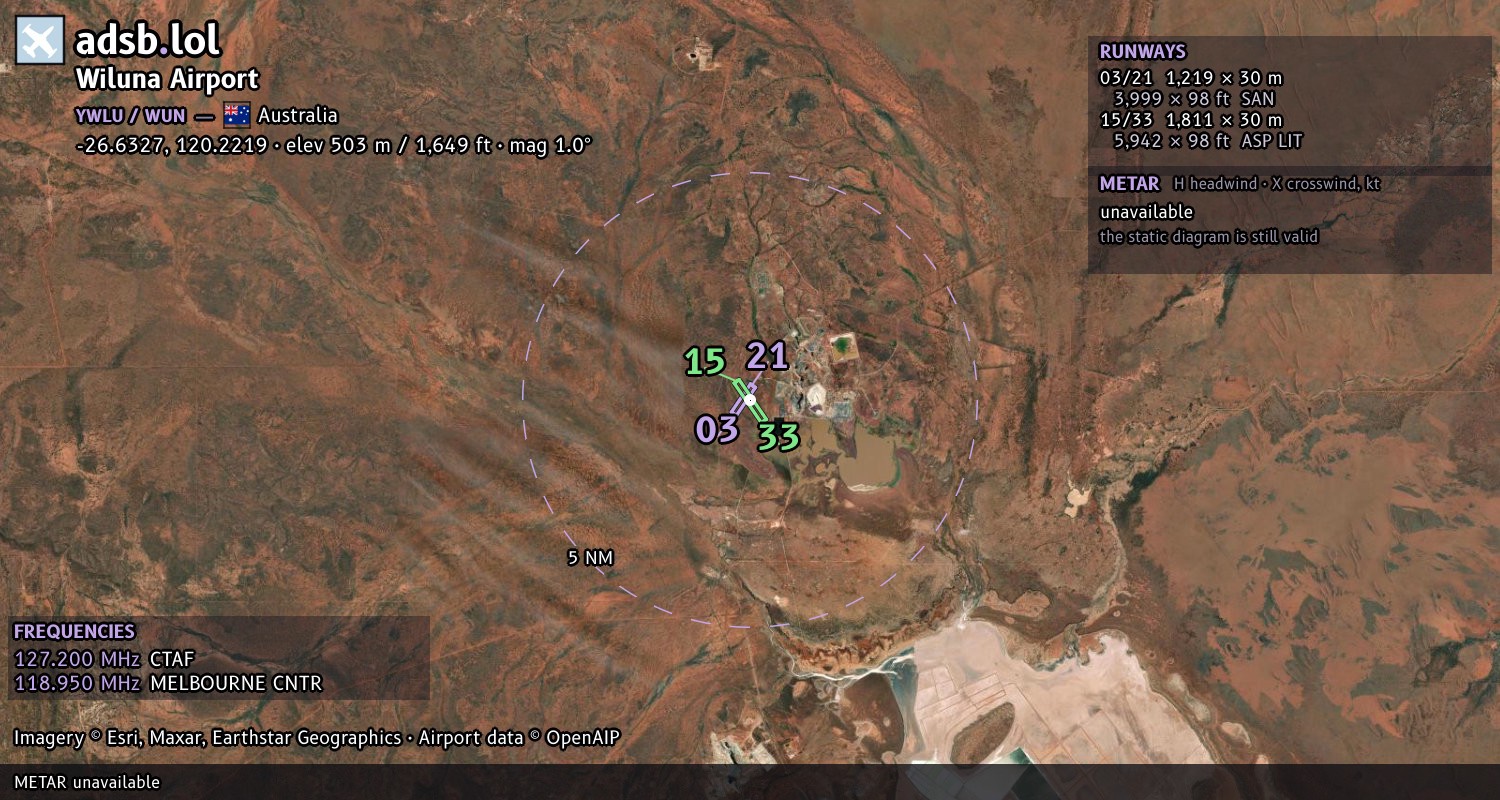 Satellite map with the runway layout of Wiluna Airport (YWLU)