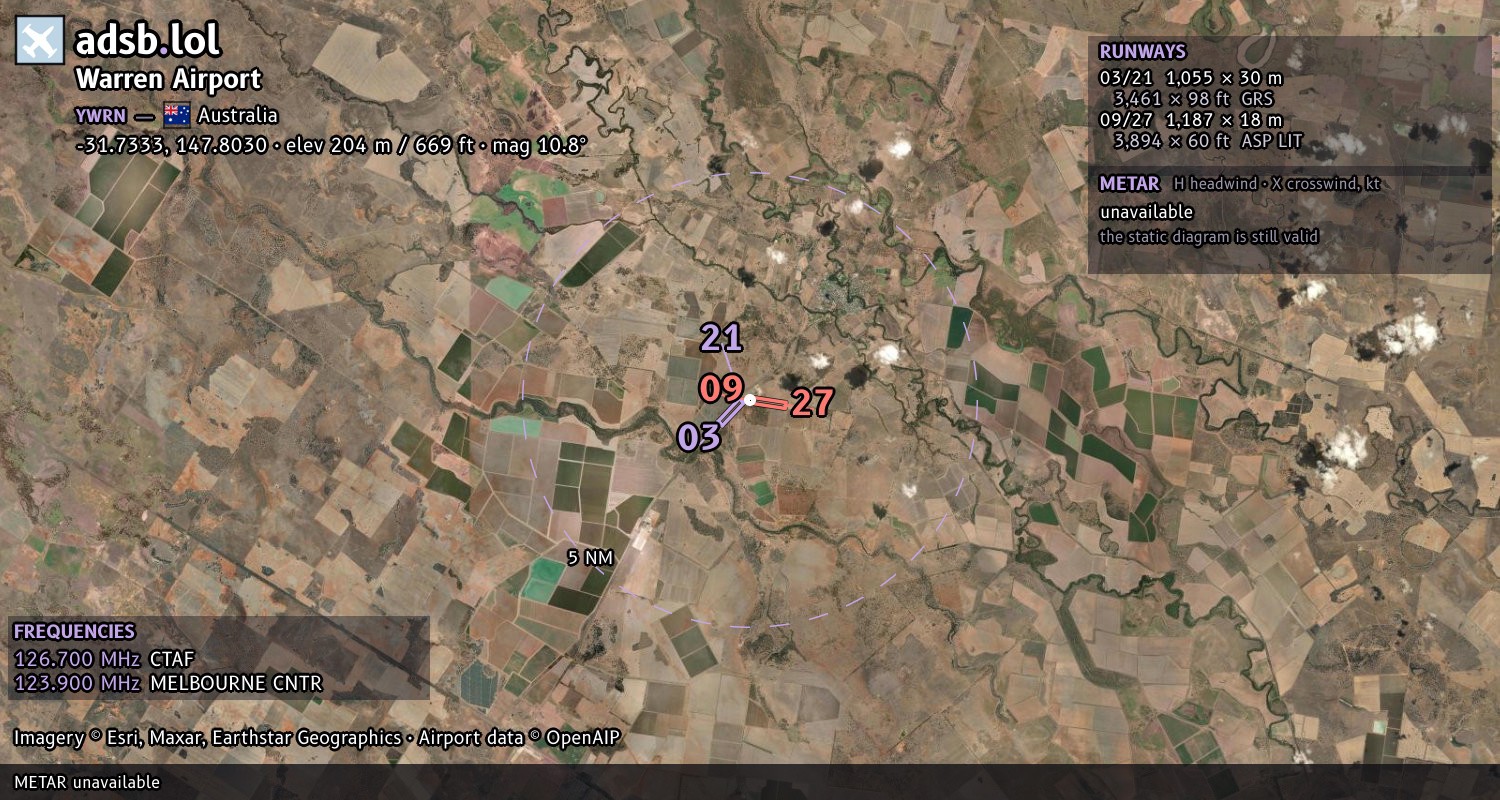 Satellite map with the runway layout of Warren Airport (YWRN)