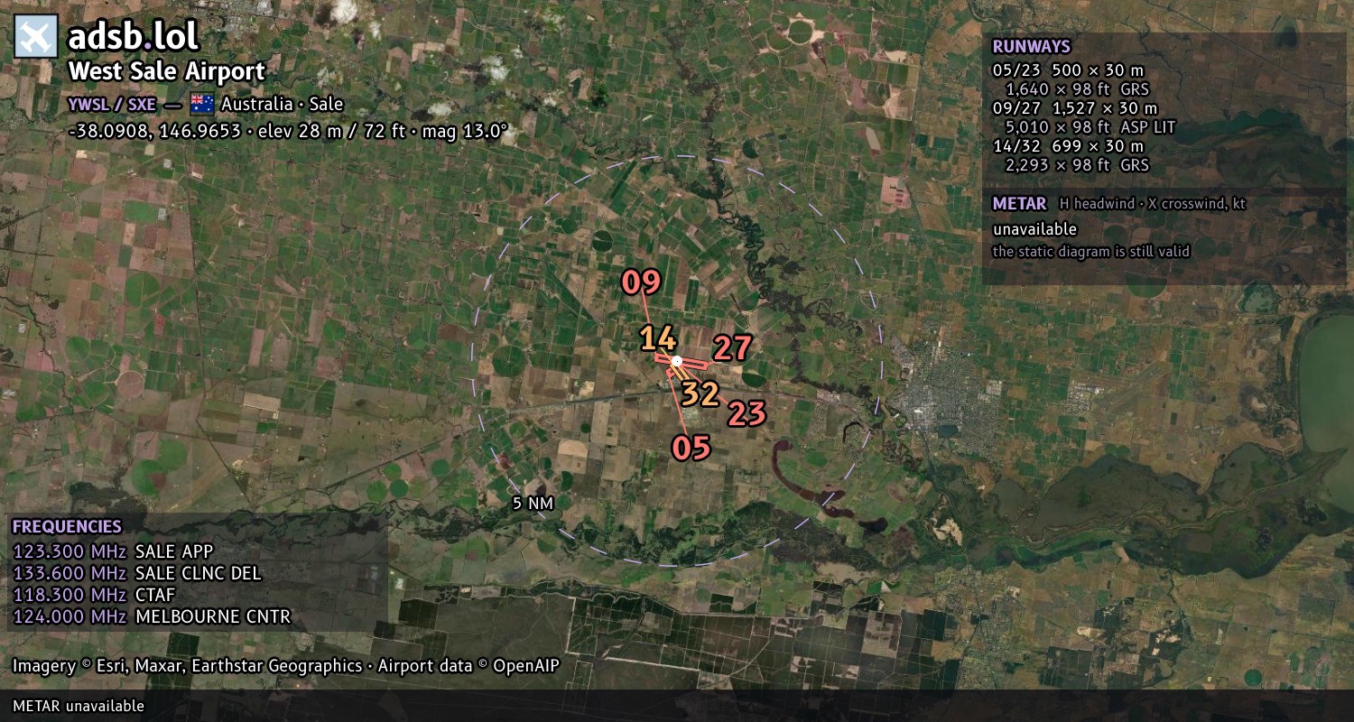 Satellite map with the runway layout of West Sale Airport (YWSL)