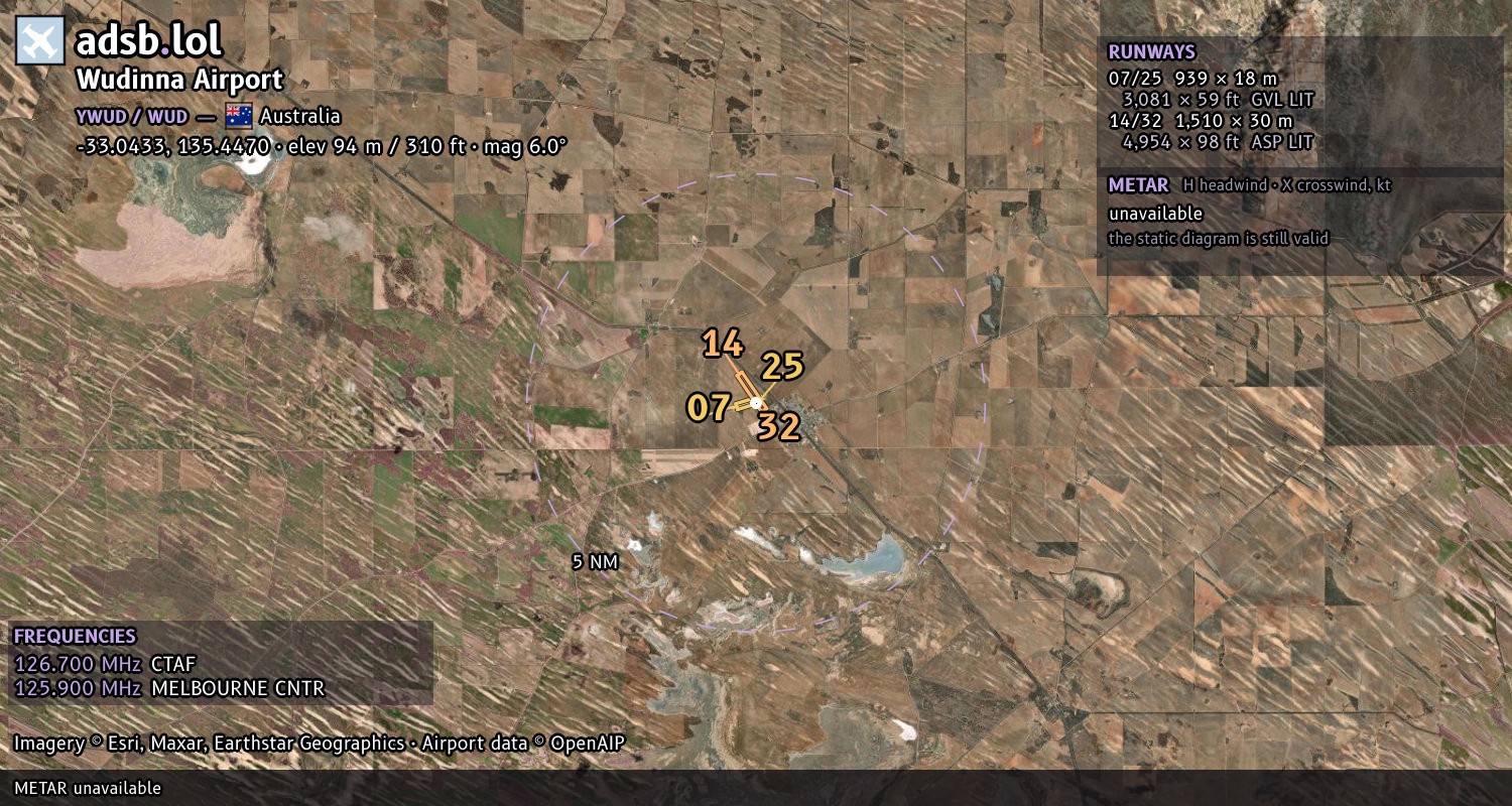 Satellite map with the runway layout of Wudinna Airport (YWUD)