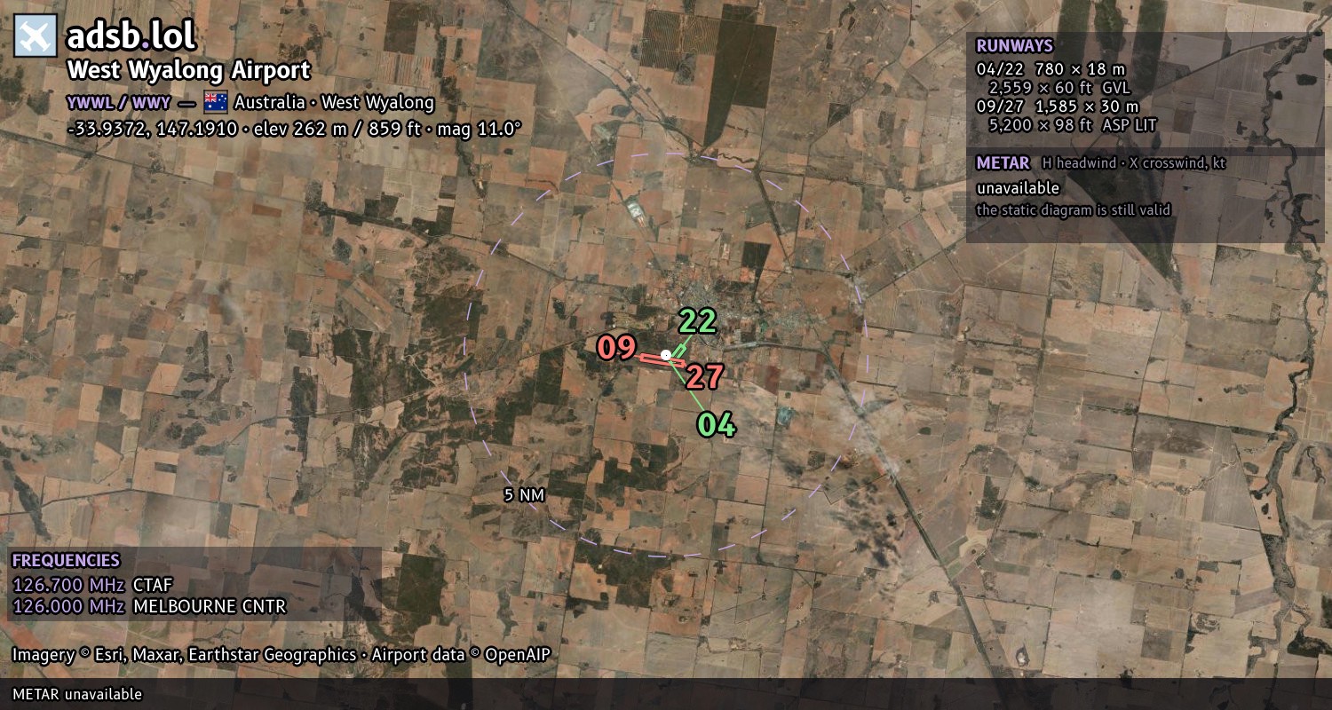 Satellite map with the runway layout of West Wyalong Airport (YWWL)