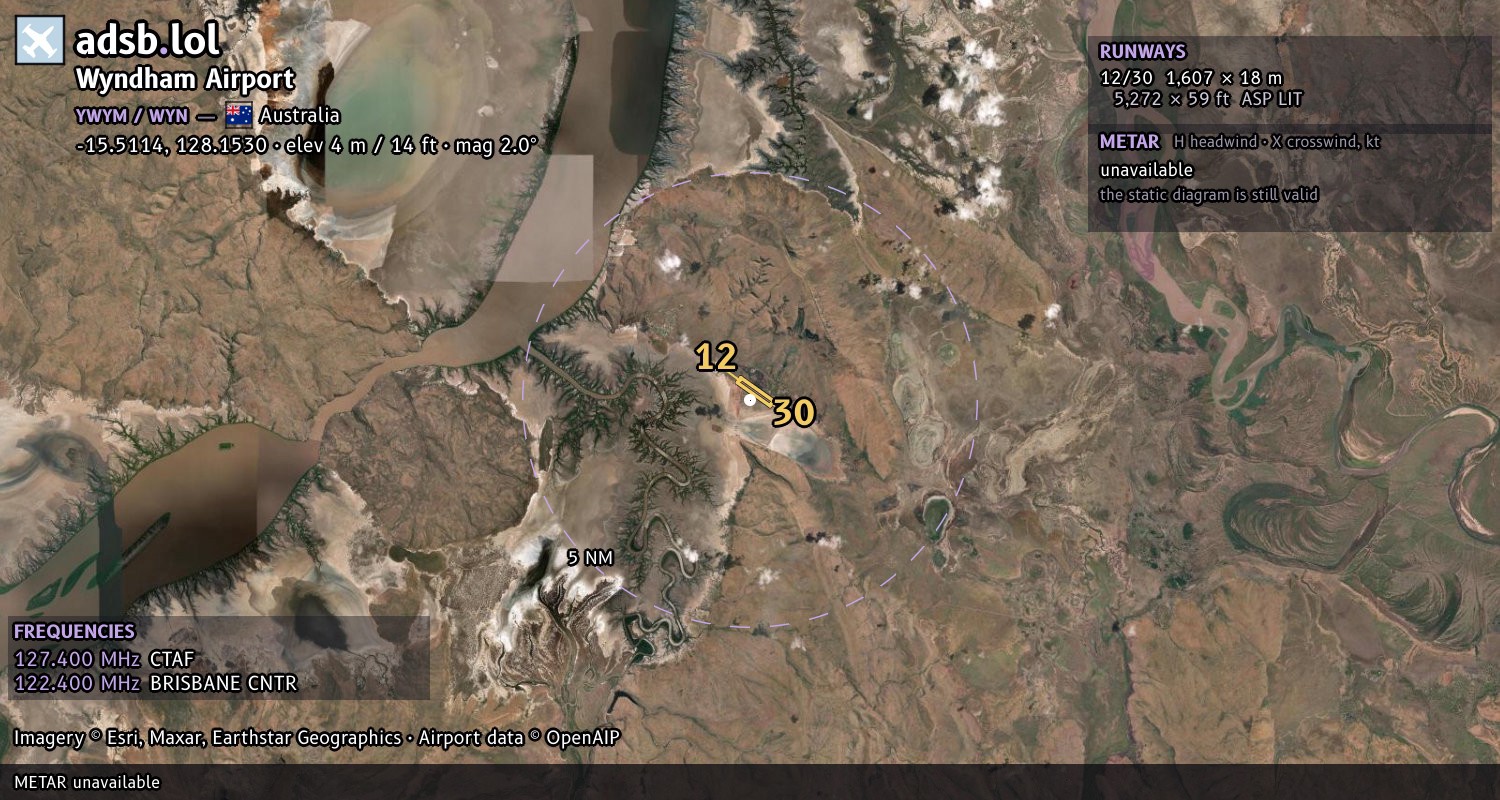 Satellite map with the runway layout of Wyndham Airport (YWYM)