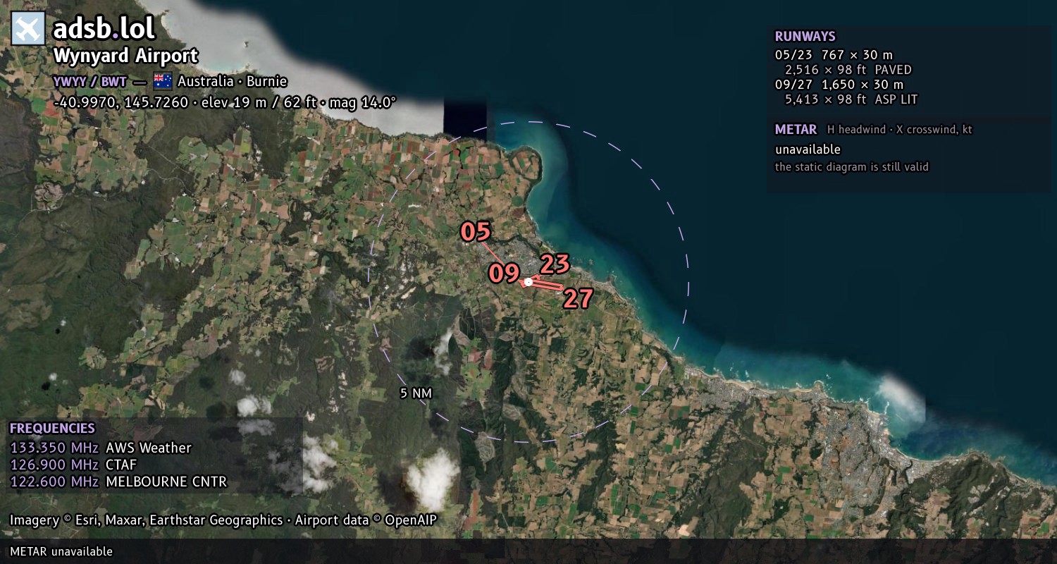 Satellite map with the runway layout of Wynyard Airport (YWYY)