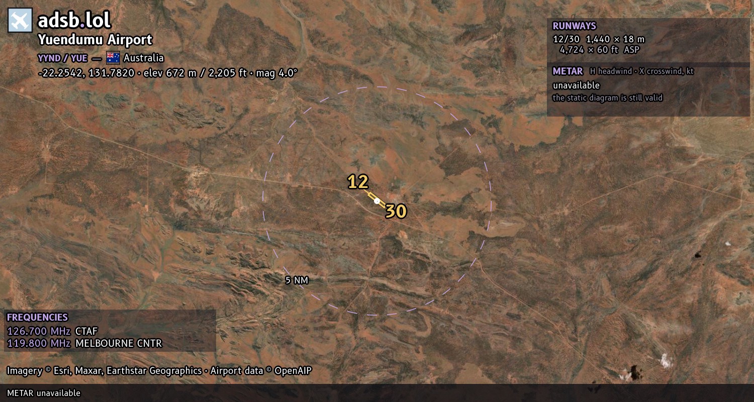 Satellite map with the runway layout of Yuendumu Airport (YYND)