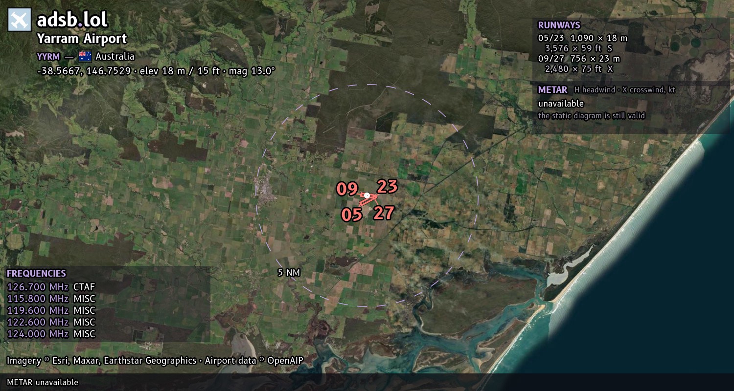 Satellite map with the runway layout of Yarram Airport (YYRM)