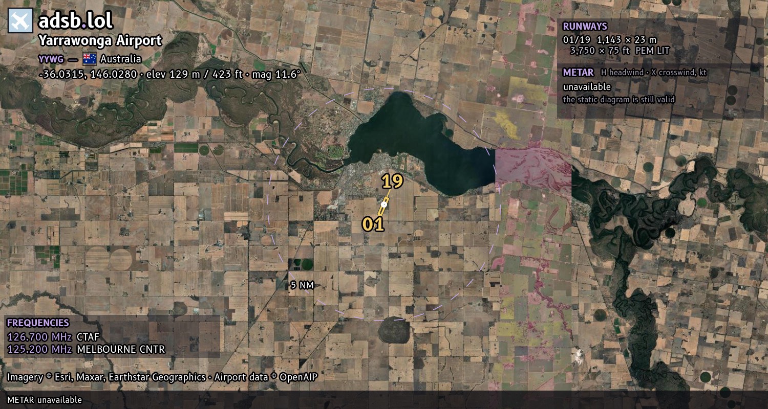 Satellite map with the runway layout of Yarrawonga Airport (YYWG)