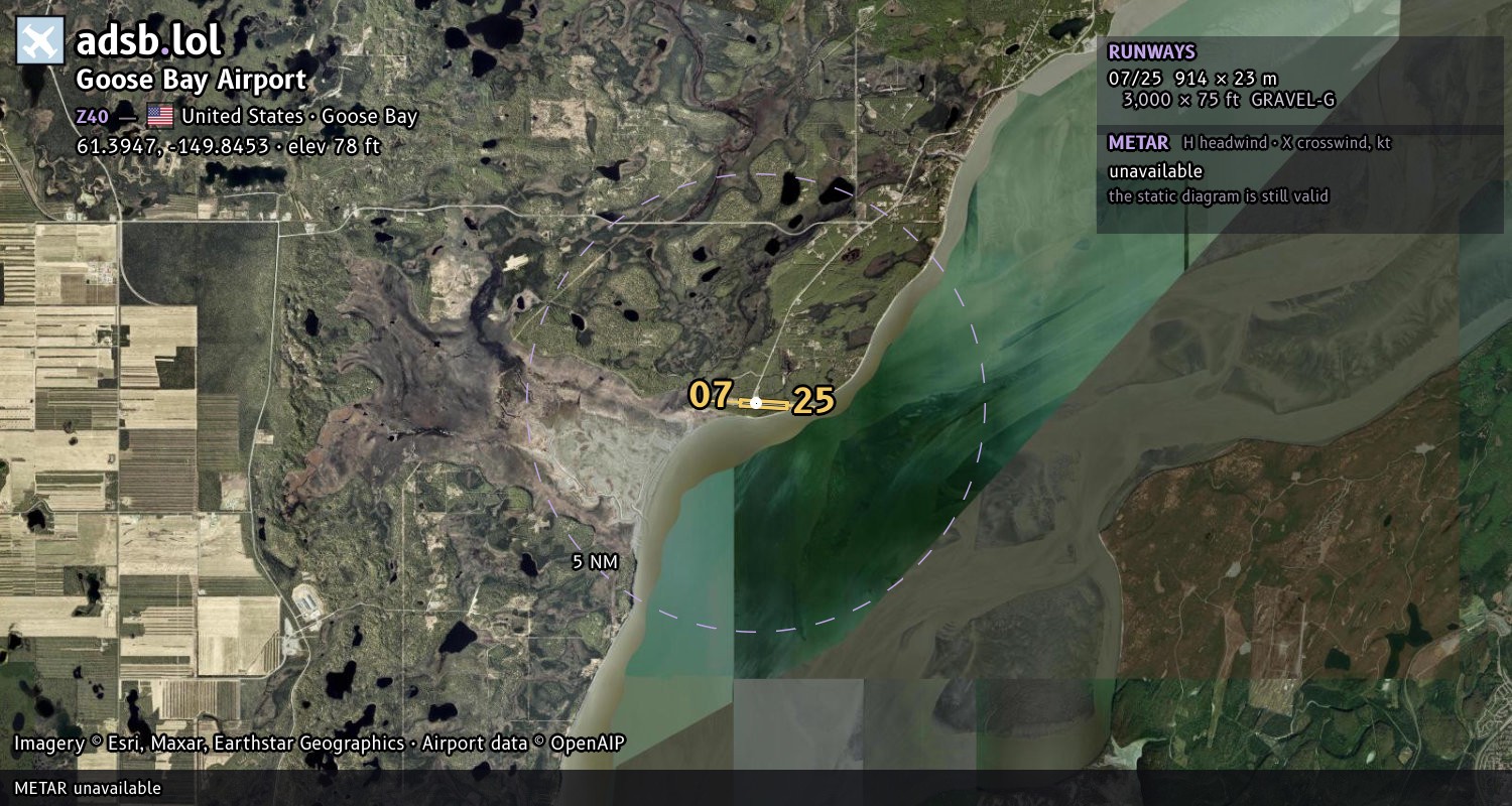 Satellite map with the runway layout of Goose Bay Airport (Z40)