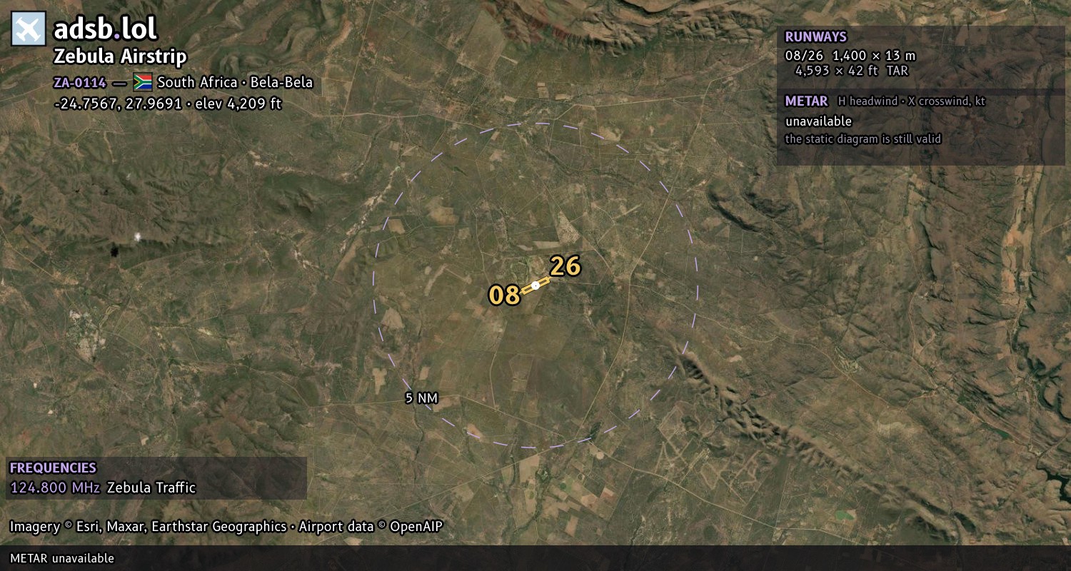 Satellite map with the runway layout of Zebula Airstrip (ZA-0114)