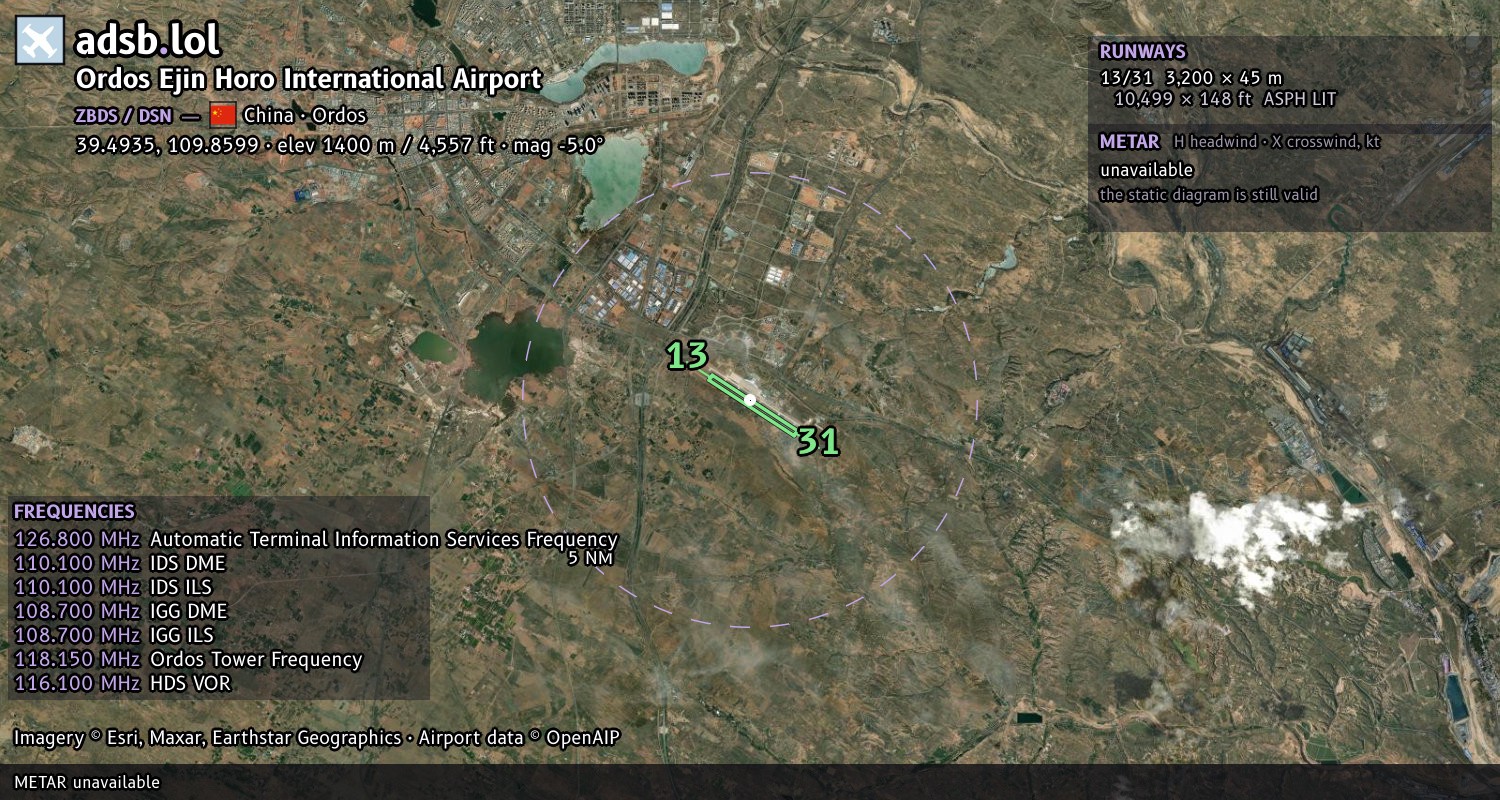 Satellite map with the runway layout of Ordos Ejin Horo International Airport (ZBDS)