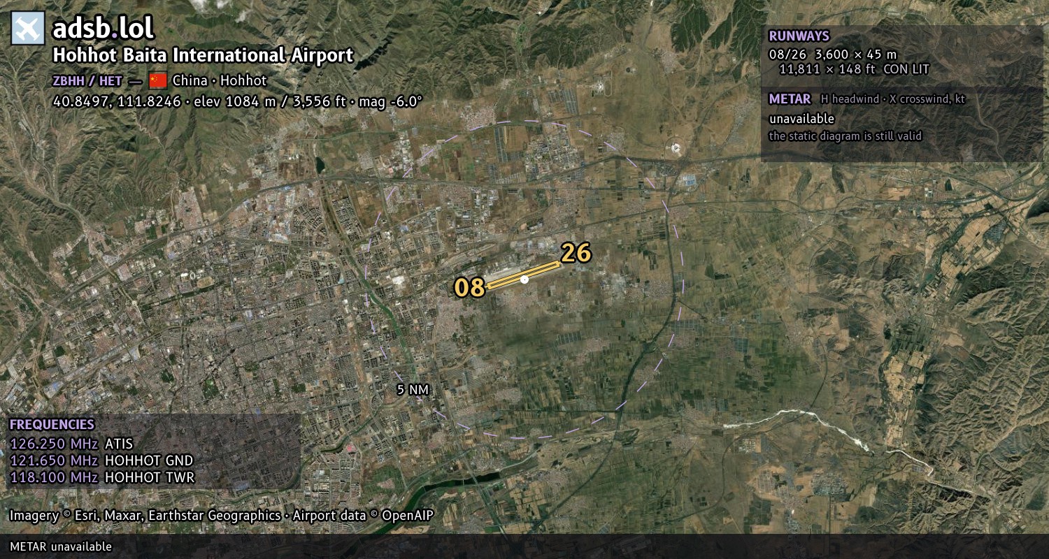Satellite map with the runway layout of Hohhot Baita International Airport (ZBHH)