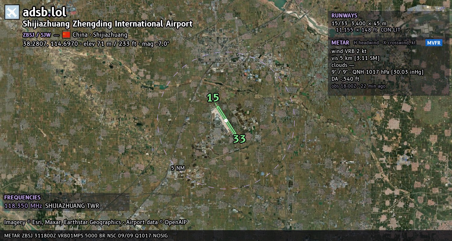 Satellite map with the runway layout of Shijiazhuang Zhengding International Airport (ZBSJ)