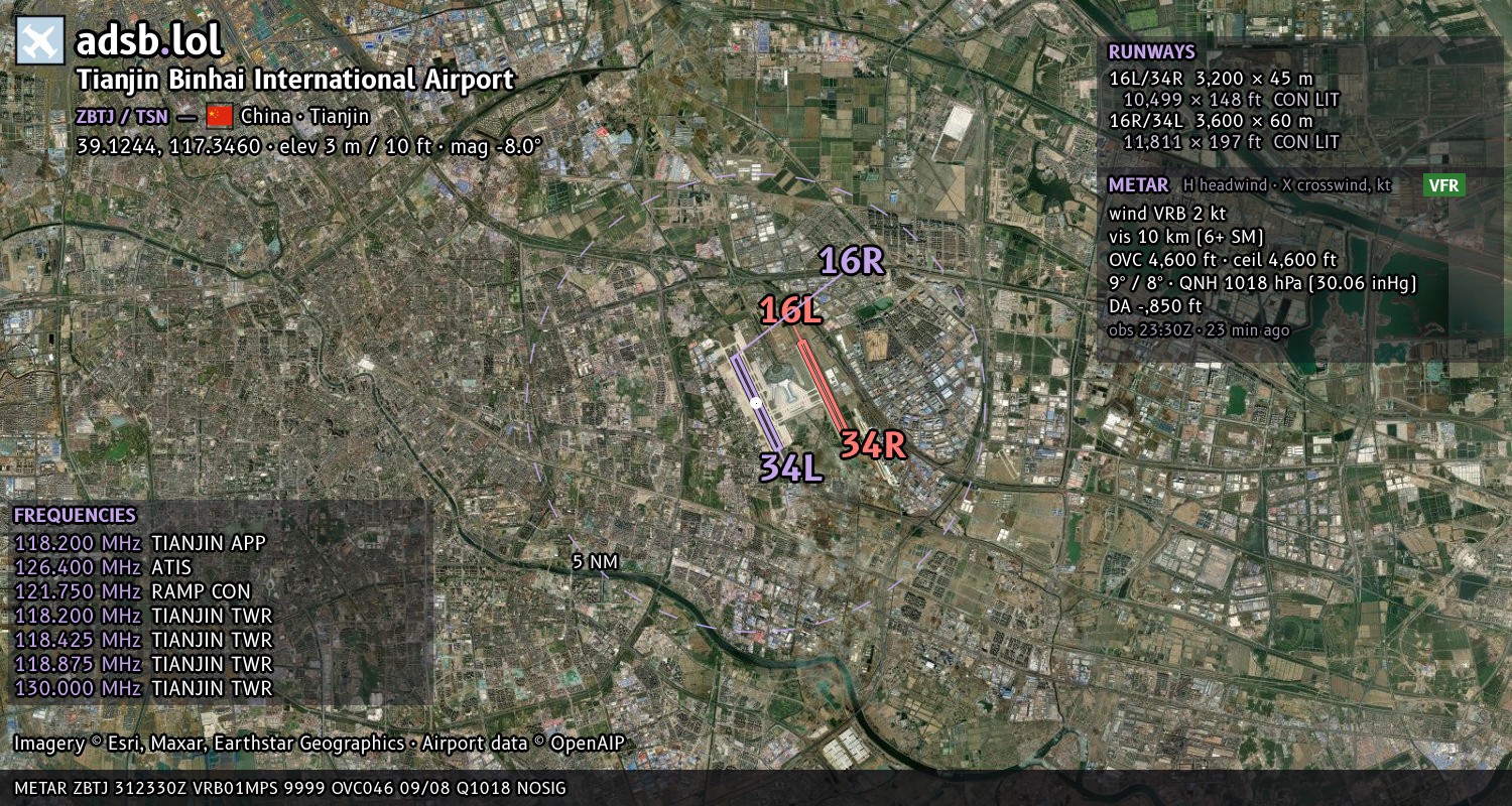 Satellite map with the runway layout of Tianjin Binhai International Airport (ZBTJ)