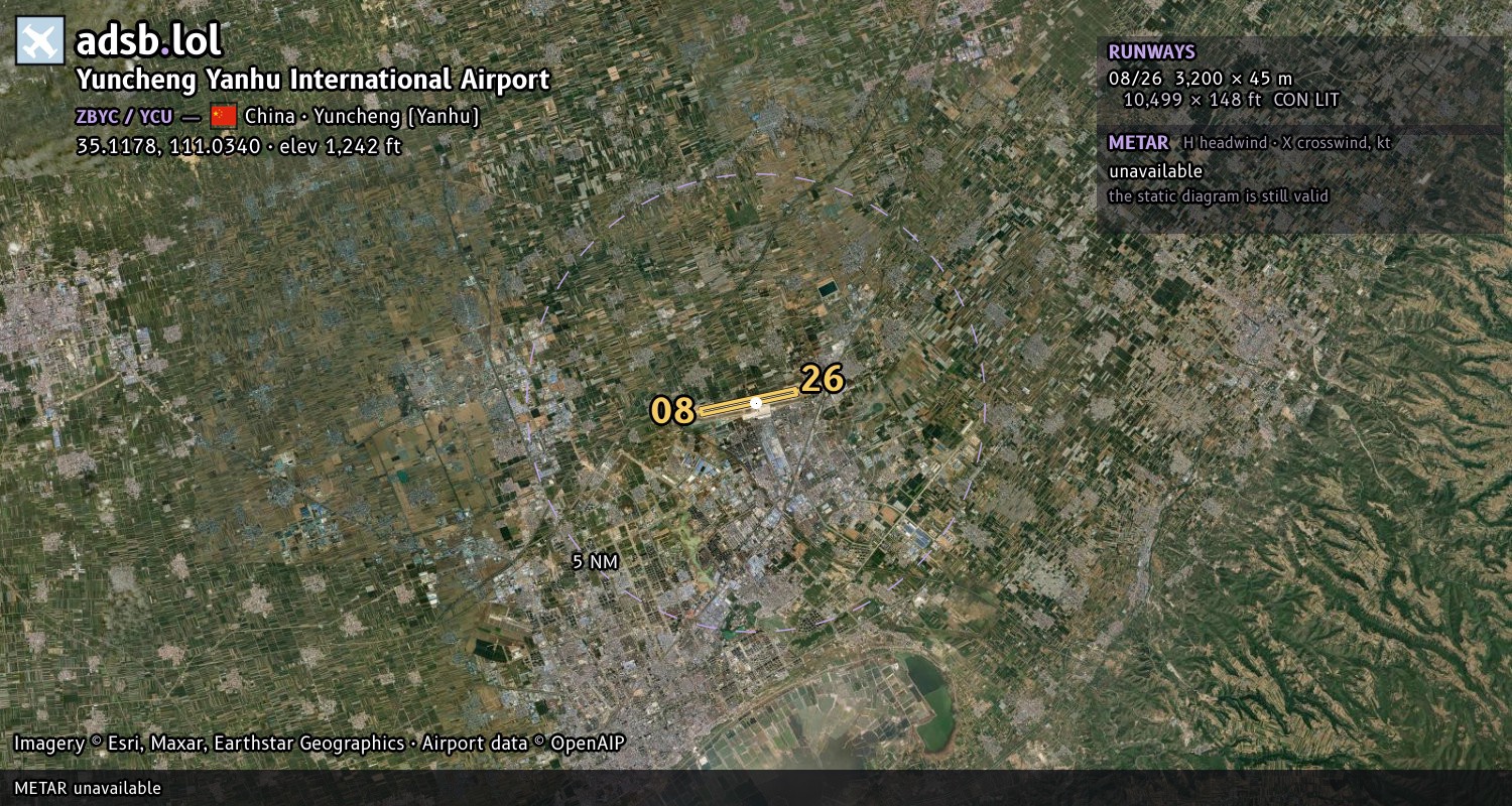Satellite map with the runway layout of Yuncheng Yanhu International Airport (ZBYC)