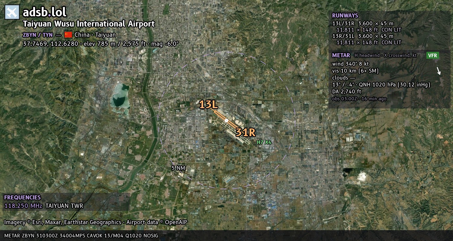 Satellite map with the runway layout of Taiyuan Wusu International Airport (ZBYN)