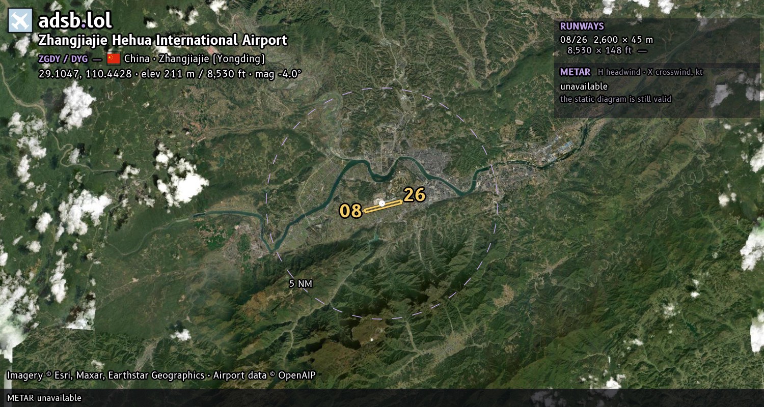 Satellite map with the runway layout of Zhangjiajie Hehua International Airport (ZGDY)