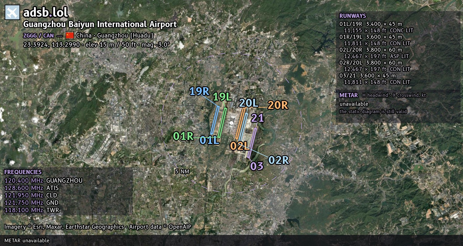 Satellite map with the runway layout of Guangzhou Baiyun International Airport (ZGGG)