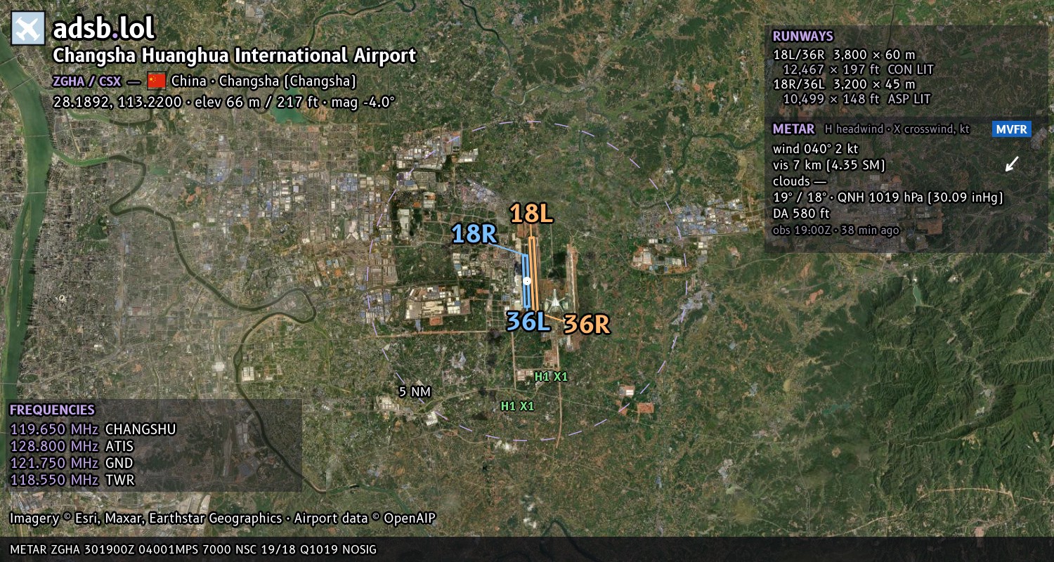 Satellite map with the runway layout of Changsha Huanghua International Airport (ZGHA)