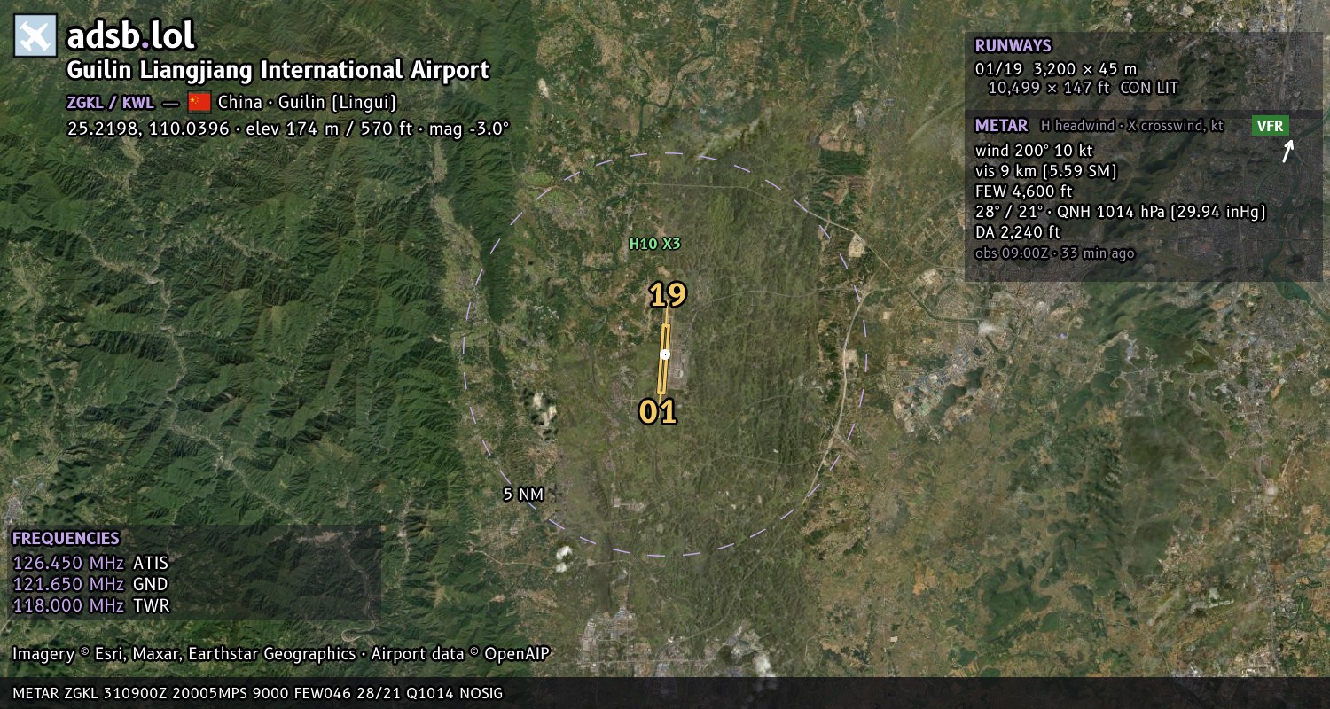 Satellite map with the runway layout of Guilin Liangjiang International Airport (ZGKL)