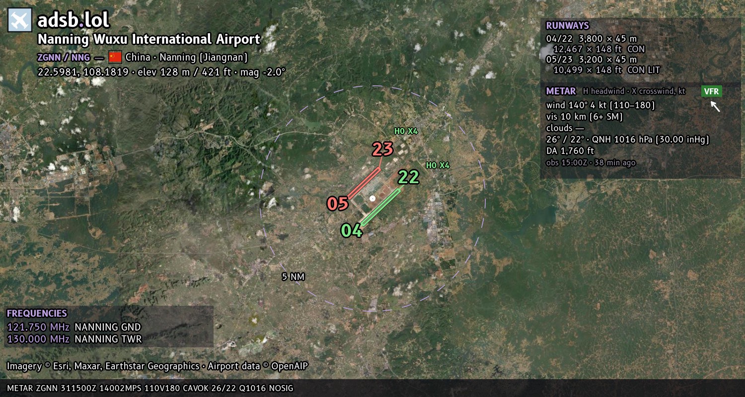 Satellite map with the runway layout of Nanning Wuxu International Airport (ZGNN)