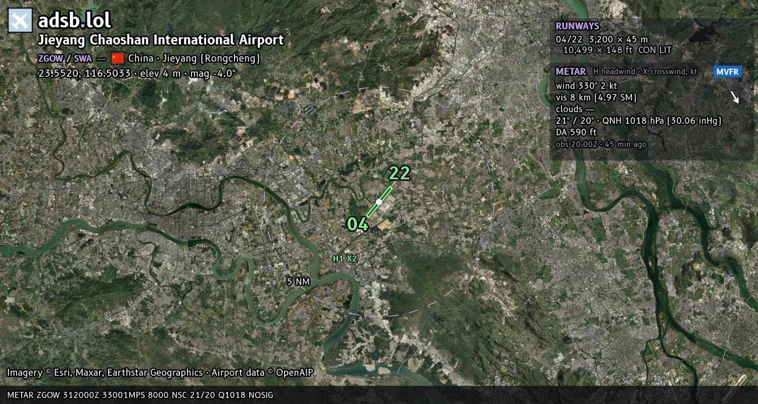 Satellite map with the runway layout of Jieyang Chaoshan International Airport (ZGOW)