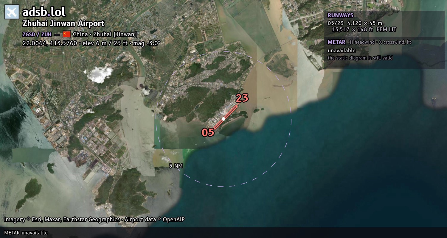 Satellite map with the runway layout of Zhuhai Jinwan Airport (ZGSD)
