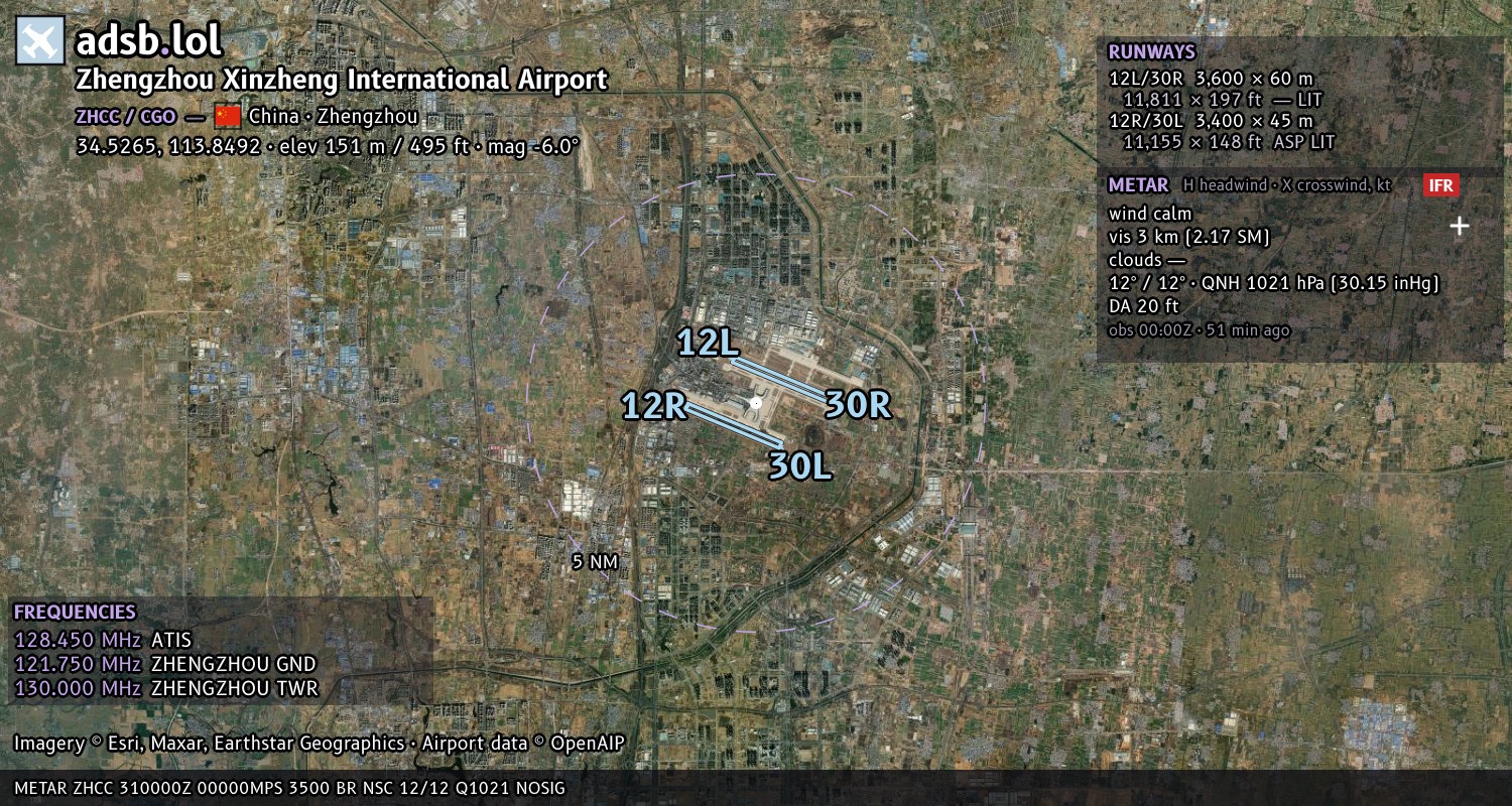 Satellite map with the runway layout of Zhengzhou Xinzheng International Airport (ZHCC)