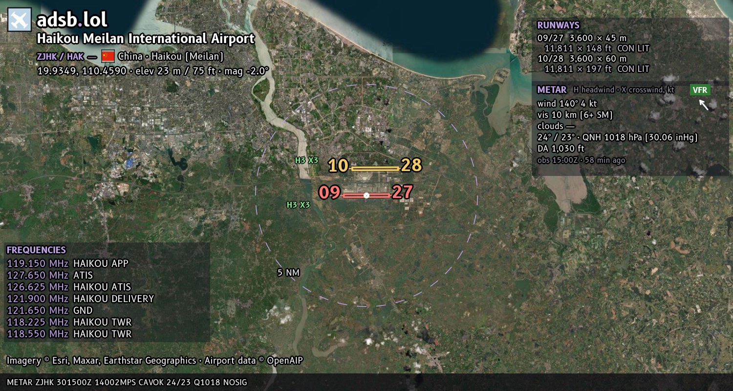 Satellite map with the runway layout of Haikou Meilan International Airport (ZJHK)