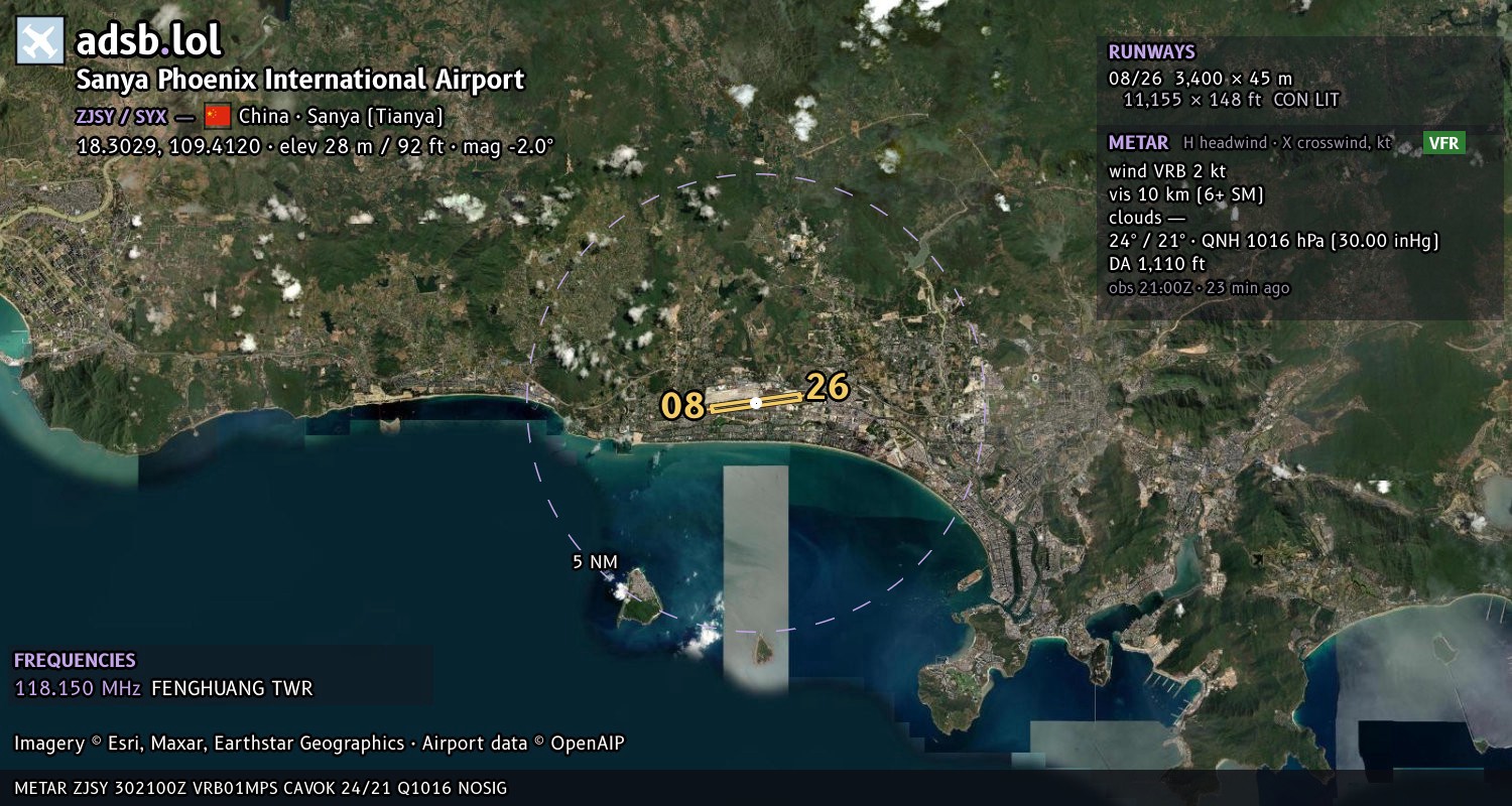 Satellite map with the runway layout of Sanya Phoenix International Airport (ZJSY)