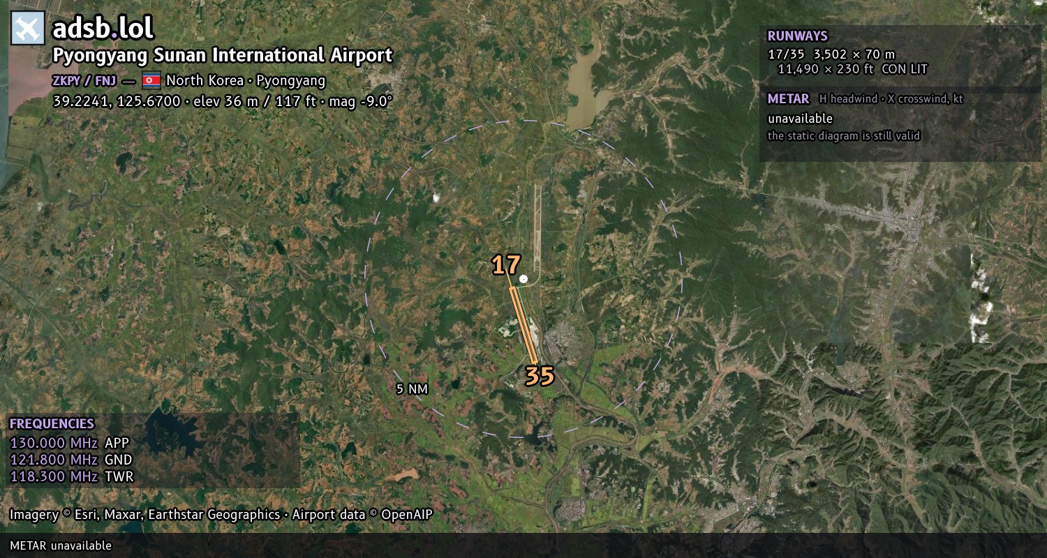 Satellite map with the runway layout of Pyongyang Sunan International Airport (ZKPY)