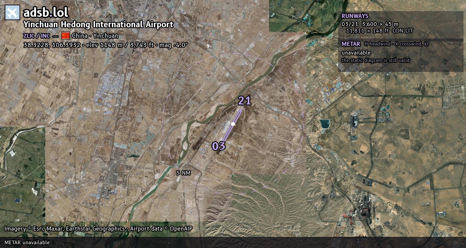 Satellite map with the runway layout of Yinchuan Hedong International Airport (ZLIC)