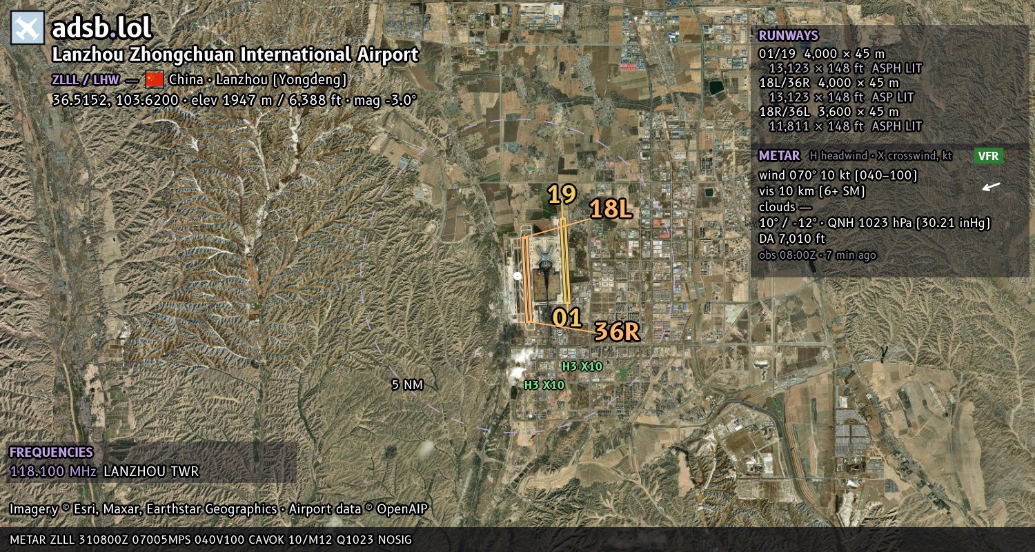 Satellite map with the runway layout of Lanzhou Zhongchuan International Airport (ZLLL)