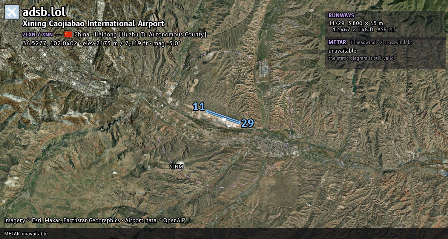 Satellite map with the runway layout of Xining Caojiabao International Airport (ZLXN)