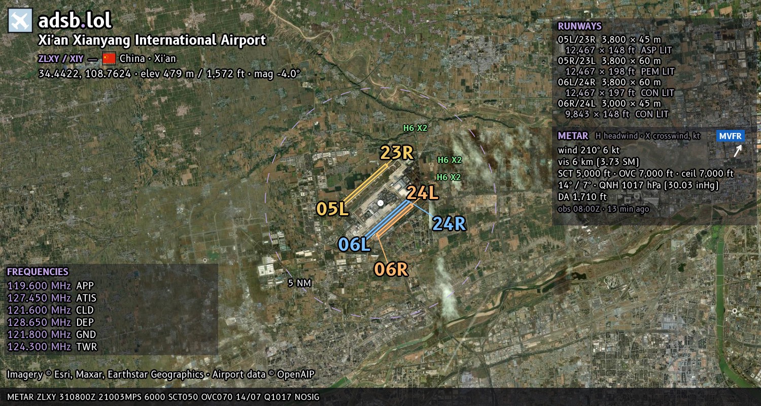 Satellite map with the runway layout of Xi'an Xianyang International Airport (ZLXY)