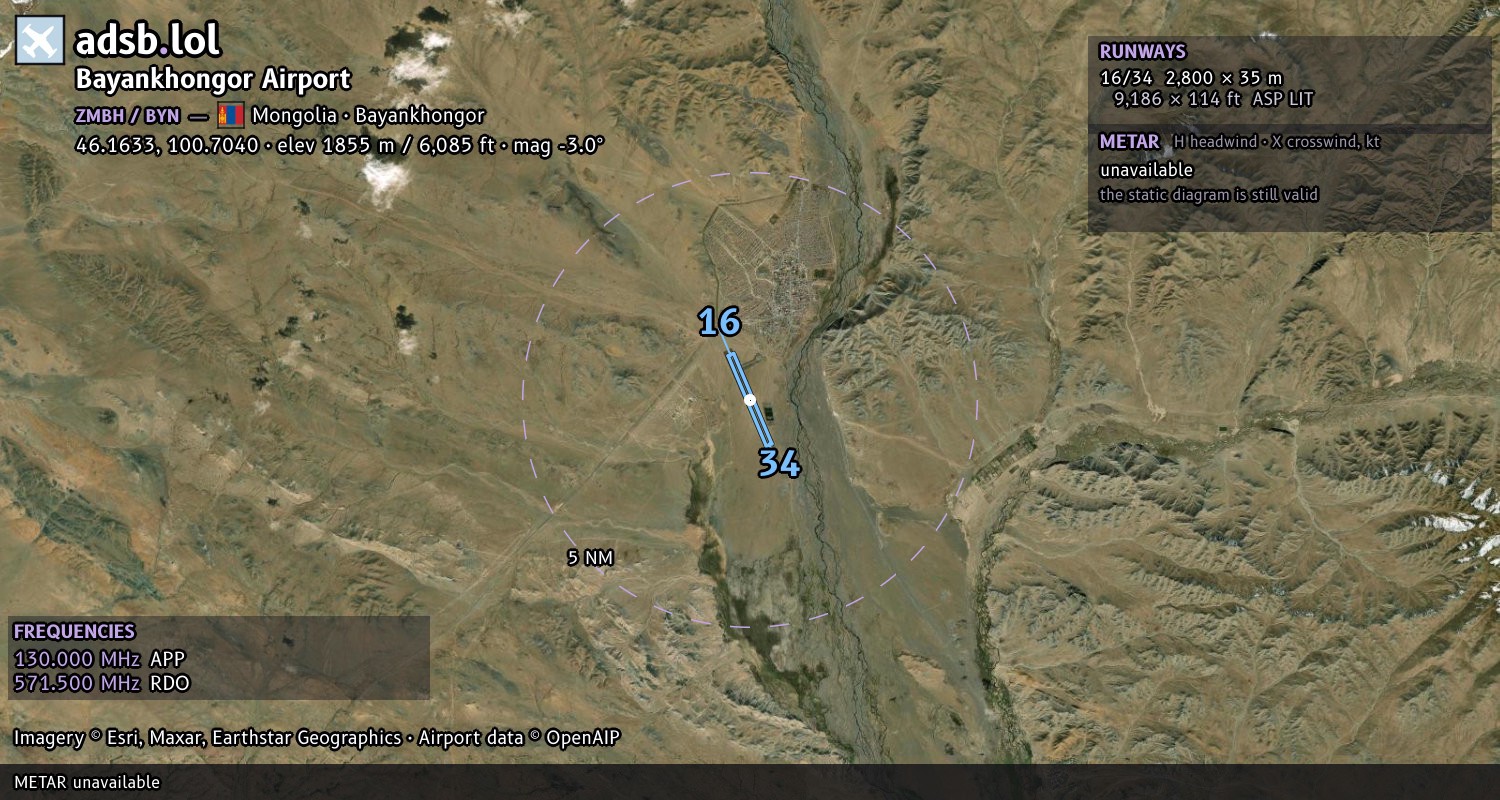 Satellite map with the runway layout of Bayankhongor Airport (ZMBH)