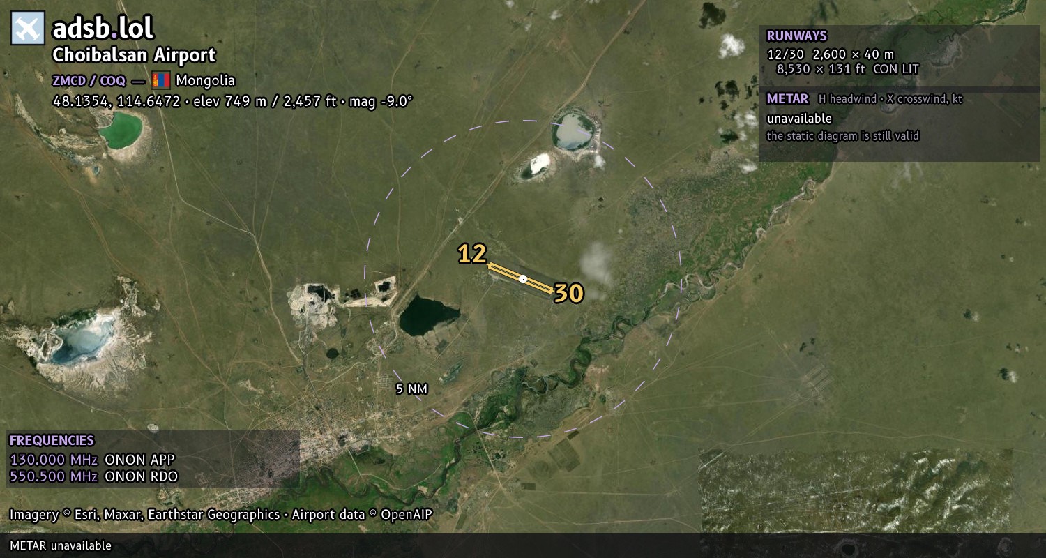 Satellite map with the runway layout of Choibalsan Airport (ZMCD)