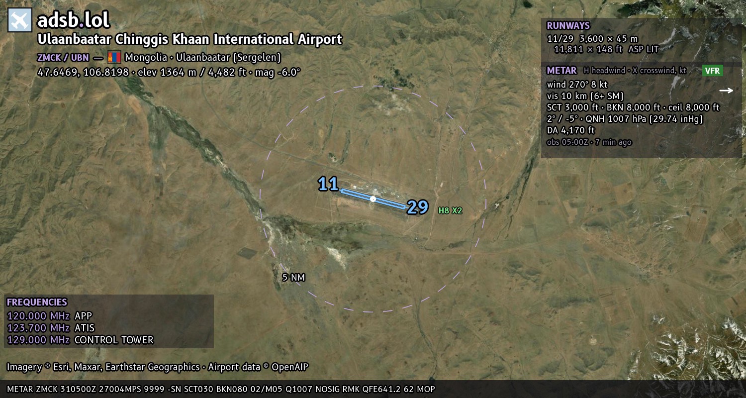 Satellite map with the runway layout of Ulaanbaatar Chinggis Khaan International Airport (ZMCK)